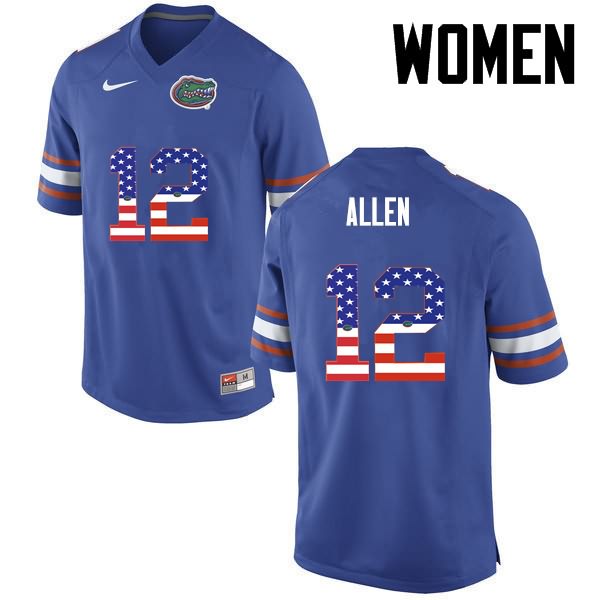 Women's NCAA Florida Gators Jake Allen #12 Stitched Authentic USA Flag Fashion Nike Blue College Football Jersey EEX0265ES